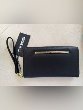 Steve Madden Black Wristlet with Gold Bar Accent